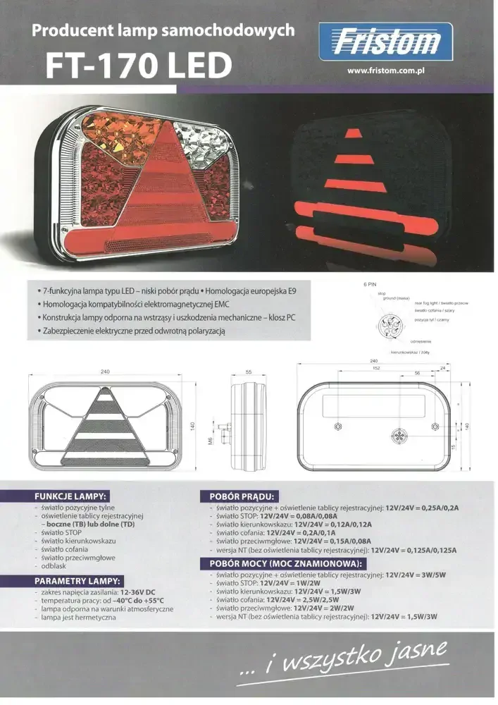 Koncové světlo FT-170 levé LED 12/24V BAJONET 6PIN - MLHA, SPZ