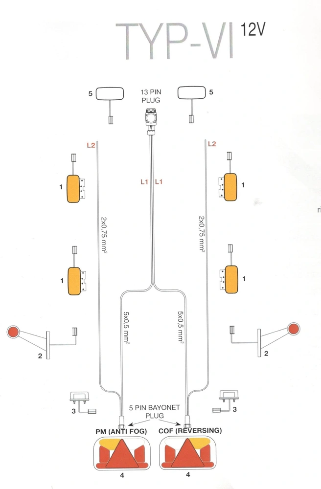 Elektrokabeláž k vleku 13pin/5,6m + 4,3m, mlhové+couvací sv.,  bez světel FRISTOM