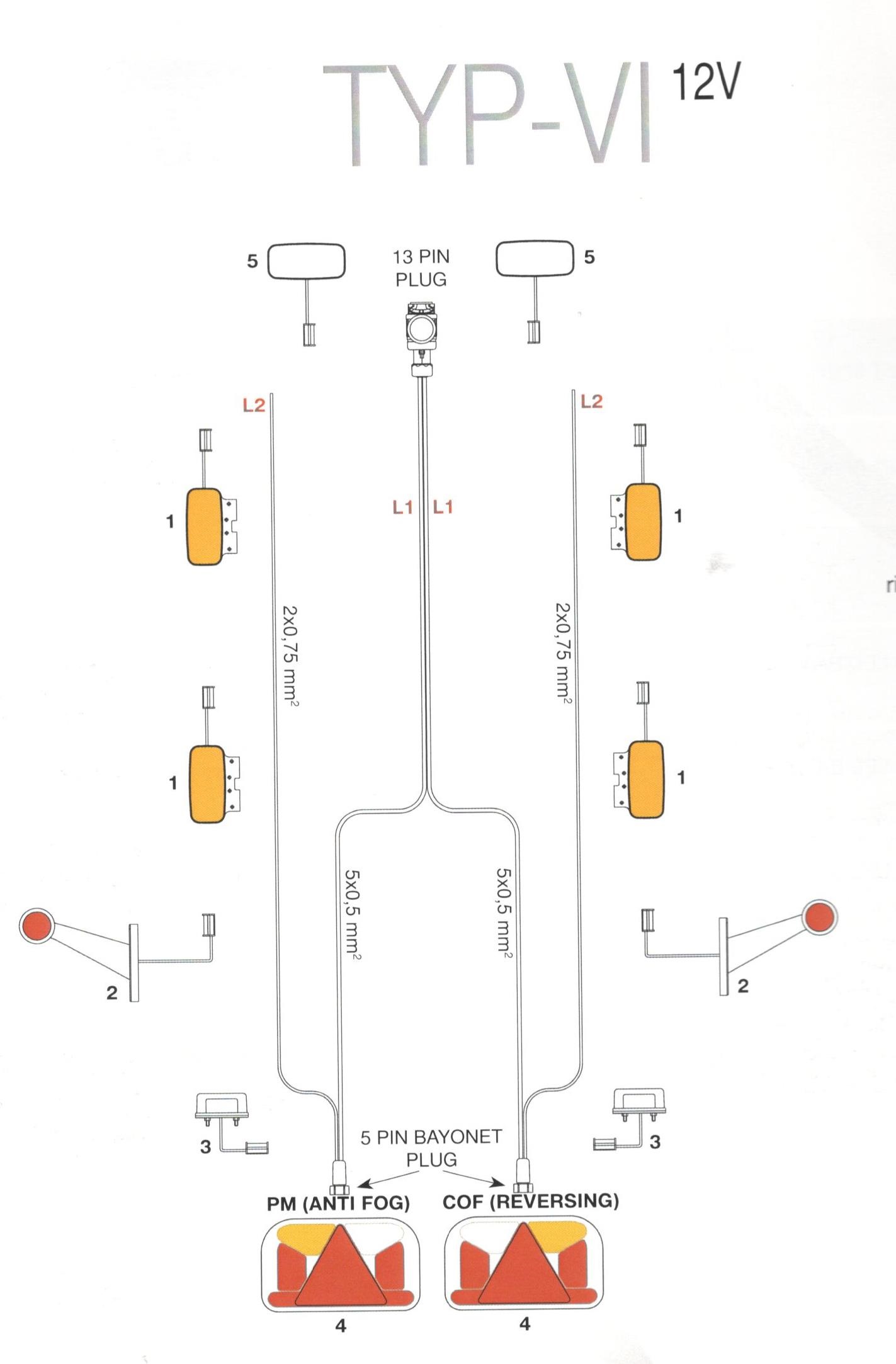 Elektrokabeláž k vleku 13pin/7m + 5,7m, mlhové+couvací sv.,  bez světel FRISTOM