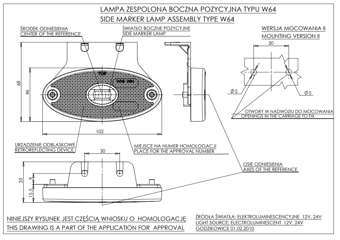 Poziční světlo W64 č.305z oranžové s držákem