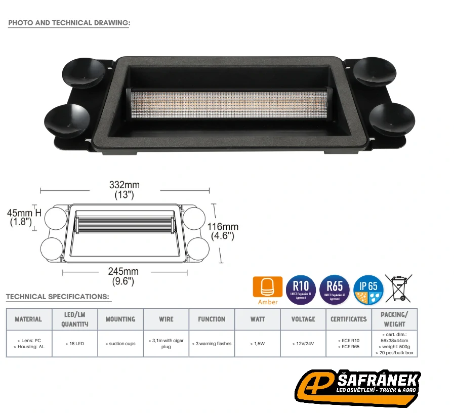 Predátor/stroboskop LED 12/24V vnitřní, s přísavkami, 332mm